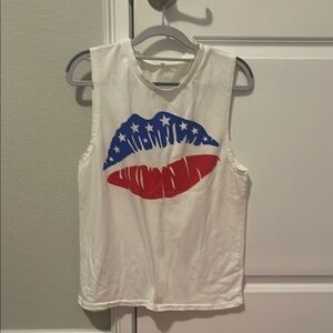 White Tank Top with Patriotic Red and Blue Lip Design